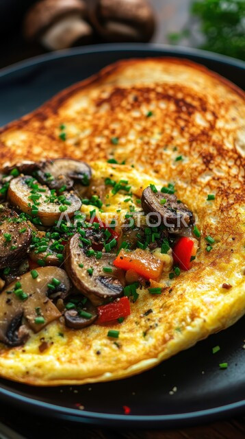 وجبة فطور صباحية صحية وسريعة, صورة مقربة لطبق البيض المقلي مع الخضار, فنون تقديم الطعام في مطاعم المملكة العربية السعودية, أغذية ذات قيمة غذائية عالية, وجبات ومأكولات مغذية, الاومليت اللذيذ المليء بالبروتينات