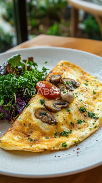High nutritional value foods, nutritious meals and foods, delicious omelette full of proteins, healthy and quick breakfast, close-up of fried eggs with vegetables, food presentation arts in restaurants in the Kingdom of Saudi Arabia