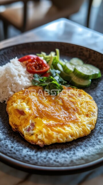 الأساليب الفنية في تقديم الطعام في مطاعم المملكة العربية السعودية, أغذية ذات قيمة غذائية عالية, المأكولات المغذية السريعة, الاومليت اللذيذ الغني بالبروتين, وجبات الفطور الصباحية الصحية, صورة مقربة لطبق البيض المقلي مع الخضراوات