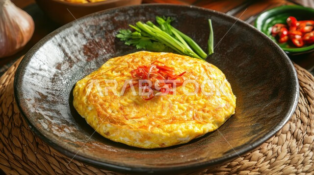 Delicious protein-rich omelette, healthy breakfast meals, close-up of fried eggs with vegetables, artistic methods of serving food in Saudi Arabia restaurants, foods with high nutritional value, nutritious fast food