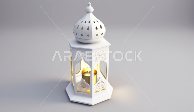 الاحتفال بقدوم شهر الخير و البركة, زينة و ديكورات رمضان المبارك, فانوس معدني مزخرف مضيء, مصابيح و أنوار عربية تقليدية, الأجواء الرمضانية الروحانية, خلفية بيضاء