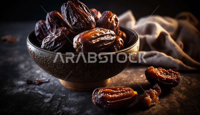 وجبة ذات قيمة غذائية عالية، صورة مقربة لطبق من التمر السكري الصحي، ضيافة رمضانية تقليدية، جودة المنتجات المحلية الوطنية في المملكة, التمور الصحية الشهية, الثمار والمحاصيل الزراعية السعودية