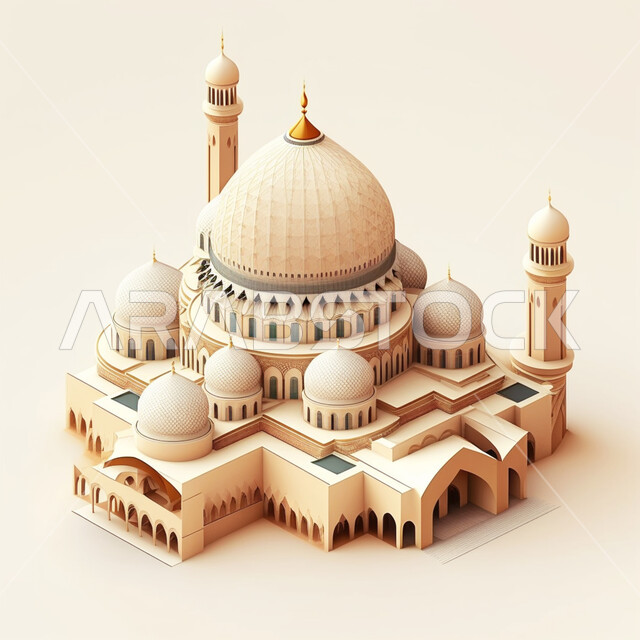 الفن الهندسي المعماري لبناء قبب و مآذن المساجد على الطراز العربي الحديث, مجسم ثلاثي الأبعاد لمسجد إسلامي, أماكن أداء الفرائض و العبادات, مفهوم العبادة والتقرب إلى الله تعالى, خلفية بيج