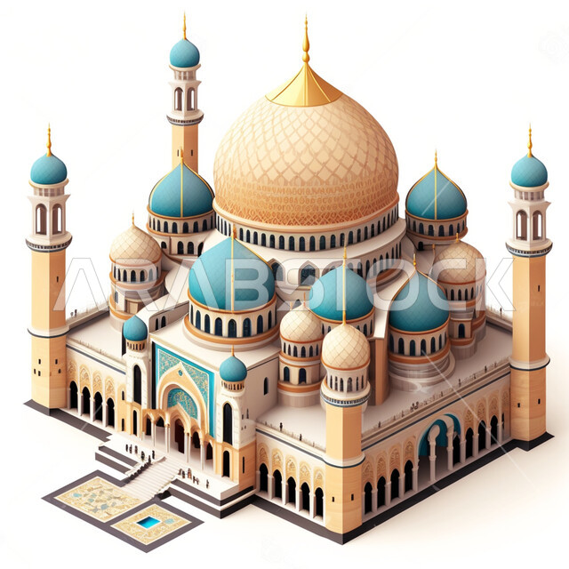 الفن الهندسي المعماري لبناء قبب و مآذن المساجد على الطراز العربي الحديث, مجسم ثلاثي الأبعاد لمسجد إسلامي, أماكن أداء الفرائض و العبادات, مفهوم العبادة والتقرب إلى الله تعالى, خلفية بيضاء