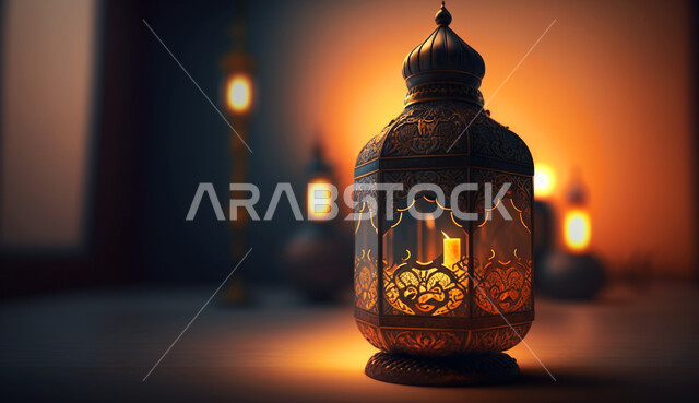 زينة و ديكورات رمضان المبارك, فانوس معدني مزخرف مضيء, مصابيح و أنوار عربية تقليدية, الأجواء الرمضانية الروحانية, الاحتفال بقدوم شهر الخير و البركة