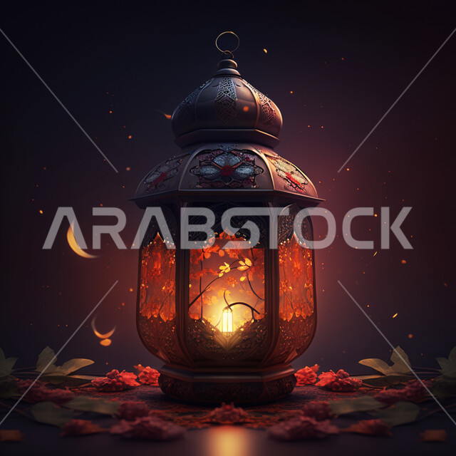 الاحتفال بقدوم شهر الخير و البركة, زينة و ديكورات رمضان المبارك, فانوس معدني مزخرف مضيء, مصابيح و أنوار عربية تقليدية, الأجواء الرمضانية الروحانية