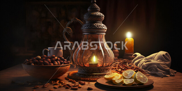 الأجواء الرمضانية الروحانية, الاحتفال بقدوم شهر الخير و البركة, زينة و ديكورات رمضان المبارك, فانوس معدني مزخرف مضيء على طاولة الإفطار, مصابيح و أنوار عربية تقليدية