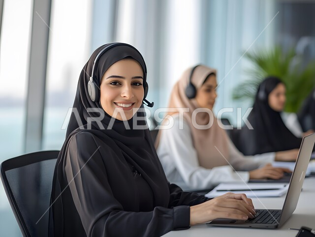 التواصل مع الزبائن لحل المشكلات، الإجابة والرد على الاستفسارات, استخدام التقنيات المتطورة في العمل, صورة مقربة لإمرأة عربية خليجية سعودية مبتسمة محجبة ترتدي العباءة السوداء تضع سماعات الرأس الصوتية تجلس داخل المكتب و تنظر إلى الكاميرا بإيماءات السعادة و السرور
