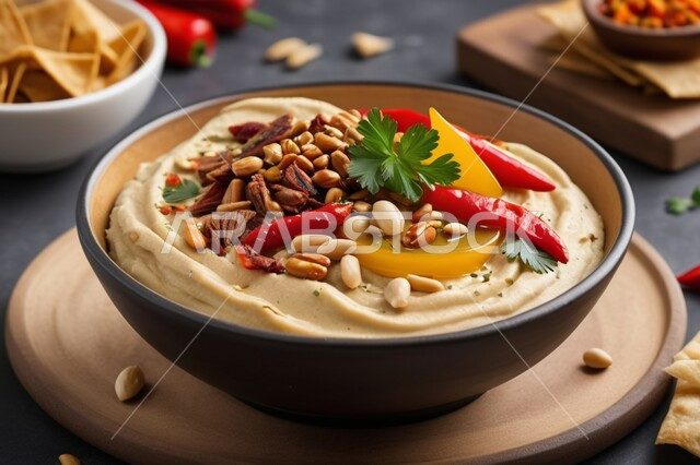 وجبات الإفطار الصحية الشهية في المطاعم الشرقية, فنون التقديم في مطابخ المملكة العربية السعودية ، مأكولات وأطعمة تقليدية، أصناف المقبلات الشعبية الباردة، صورة مقربة لطبق حمص مزين بالمكسرات والفليفلة الحمراء