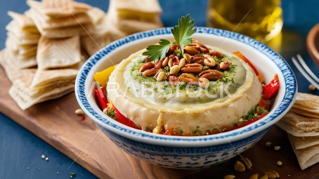 فنون التقديم في مطابخ المملكة العربية السعودية ، مأكولات وأطعمة تقليدية، وجبات الإفطار الصحية الشهية في المطاعم الشرقية، أصناف المقبلات الشعبية الباردة، صورة مقربة لطبق حمص مزين بالمكسرات والفليفلة الحمراء