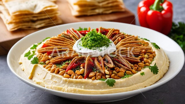 فنون التقديم في مطابخ المملكة العربية السعودية ، مأكولات وأطعمة تقليدية، وجبات الإفطار الصحية الشهية في المطاعم الشرقية، أصناف المقبلات الشعبية الباردة، صورة مقربة لطبق حمص مزين بالمكسرات والفليفلة الحمراء