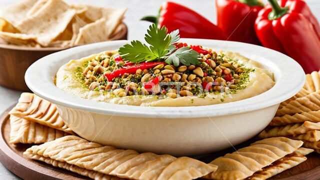 فنون التقديم في مطابخ المملكة العربية السعودية ، مأكولات وأطعمة تقليدية، وجبات الإفطار الصحية الشهية في المطاعم الشرقية، أصناف المقبلات الشعبية الباردة، صورة مقربة لطبق حمص مزين بالمكسرات والفليفلة الحمراء