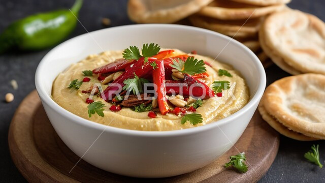 فنون التقديم في مطابخ المملكة العربية السعودية ، مأكولات وأطعمة تقليدية، وجبات الإفطار الصحية الشهية في المطاعم الشرقية، أصناف المقبلات الشعبية الباردة، صورة مقربة لطبق حمص مزين بالمكسرات والفليفلة الحمراء