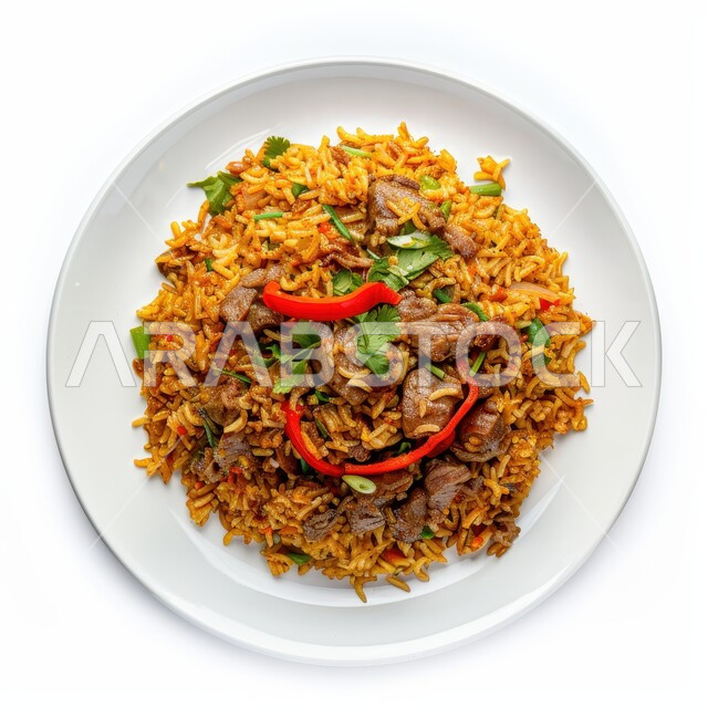ولائم وأطباق عربية تقليدية شعبية، طبق من أرز الكبسة مع قطع اللحم المزين بالفلفل و البقدونس، وصفات الطعام الشهية، المأكولات والوجبات الشرقية، مطابخ ومطاعم المملكة العربية السعودية