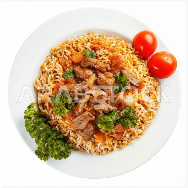 ولائم وأطباق عربية تقليدية شعبية، طبق من أرز الكبسة مع قطع اللحم المزين بالفلفل و البقدونس، وصفات الطعام الشهية، المأكولات والوجبات الشرقية، مطابخ ومطاعم المملكة العربية السعودية