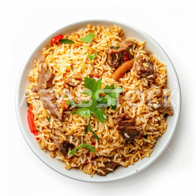 ولائم وأطباق عربية تقليدية شعبية، طبق من أرز الكبسة مع قطع اللحم المزين بالفلفل و البقدونس، وصفات الطعام الشهية، المأكولات والوجبات الشرقية، مطابخ ومطاعم المملكة العربية السعودية