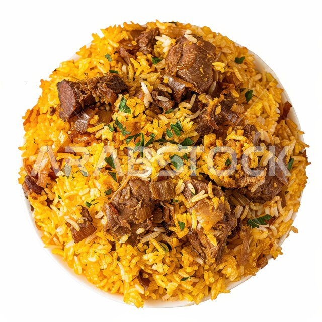 ولائم وأطباق عربية تقليدية شعبية، طبق من أرز الكبسة مع قطع اللحم المزين بالفلفل و البقدونس، وصفات الطعام الشهية، المأكولات والوجبات الشرقية، مطابخ ومطاعم المملكة العربية السعودية