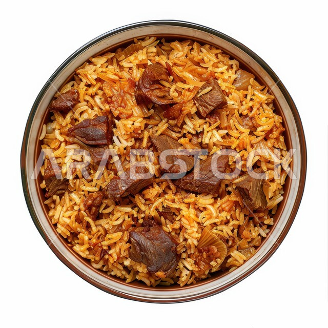 ولائم وأطباق عربية تقليدية شعبية، طبق من أرز الكبسة مع قطع اللحم المزين بالفلفل و البقدونس، وصفات الطعام الشهية، المأكولات والوجبات الشرقية، مطابخ ومطاعم المملكة العربية السعودية