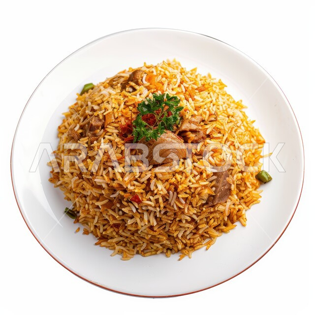 ولائم وأطباق عربية تقليدية شعبية، طبق من أرز الكبسة مع قطع اللحم المزين بالفلفل و البقدونس، وصفات الطعام الشهية، المأكولات والوجبات الشرقية، مطابخ ومطاعم المملكة العربية السعودية