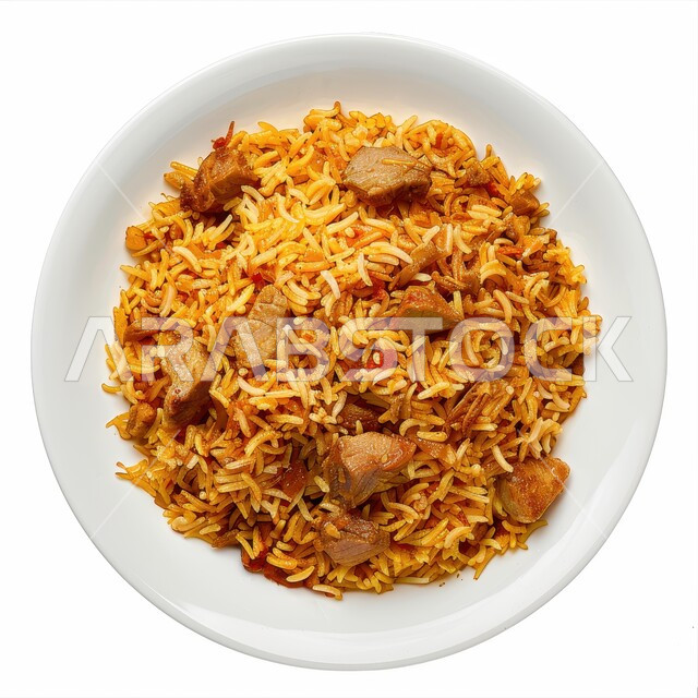 ولائم وأطباق عربية تقليدية شعبية، طبق من أرز الكبسة مع قطع اللحم المزين بالفلفل و البقدونس، وصفات الطعام الشهية، المأكولات والوجبات الشرقية، مطابخ ومطاعم المملكة العربية السعودية