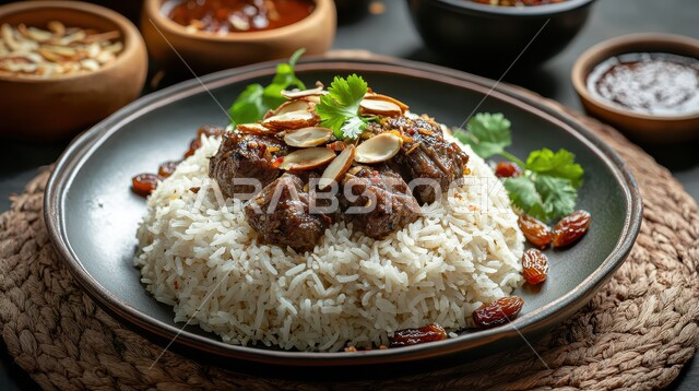 مأكولات وأطباق شعبية تقليدية، أكلات شعبية عربية خليجية سعودية، طبق من أرز الكبسة اللذيذ مع قطع اللحم، وصفات وأطباق طعام لذيذة صحية، فنون تقديم الطعام في المطاعم الشرقية