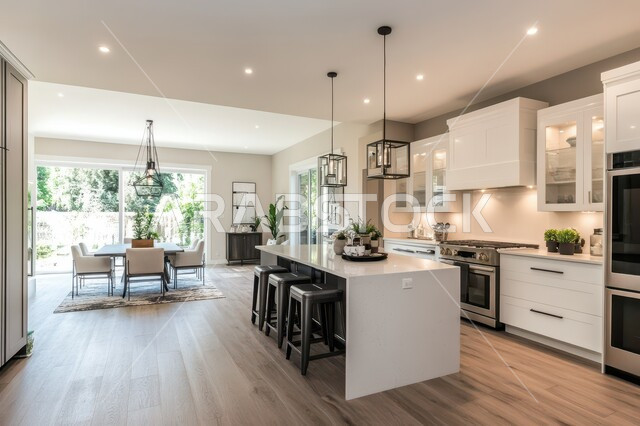 ديكور داخلي راقي لمطبخ أنيق، الفن الهندسي المعماري للفلل والشقق السكنية، استخدام الرخام الفاخر لأثاث المطابخ، الأضواء والأنوار والأكسسوارات المنزلية، التصميم العصري للمطابخ الفاخرة في المملكة العربية السعودية