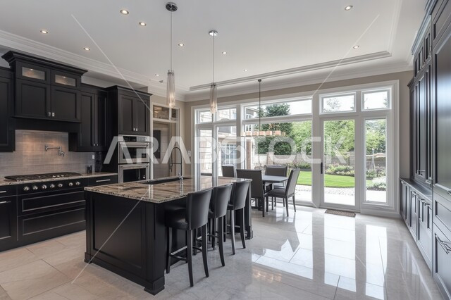 ديكور داخلي راقي لمطبخ أنيق، الفن الهندسي المعماري للفلل والشقق السكنية، استخدام الرخام الفاخر لأثاث المطابخ، الأضواء والأنوار والأكسسوارات المنزلية، التصميم العصري للمطابخ الفاخرة في المملكة العربية السعودية