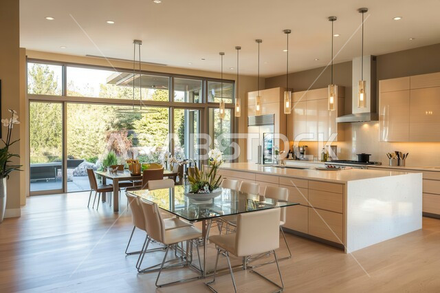 Elegant kitchen interior design, architectural design of villas and apartments, use of luxury marble for kitchen furniture, lights and home accessories, modern design of luxury kitchens in Saudi Arabia