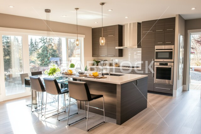 ديكور داخلي راقي لمطبخ أنيق، الفن الهندسي المعماري للفلل والشقق السكنية، استخدام الرخام الفاخر لأثاث المطابخ، الأضواء والأنوار والأكسسوارات المنزلية، التصميم العصري للمطابخ الفاخرة في المملكة العربية السعودية