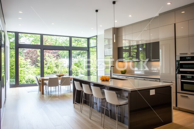 ديكور داخلي راقي لمطبخ أنيق، الفن الهندسي المعماري للفلل والشقق السكنية، استخدام الرخام الفاخر لأثاث المطابخ، الأضواء والأنوار والأكسسوارات المنزلية، التصميم العصري للمطابخ الفاخرة في المملكة العربية السعودية