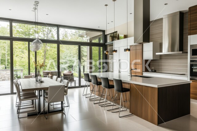 ديكور داخلي راقي لمطبخ أنيق، الفن الهندسي المعماري للفلل والشقق السكنية، استخدام الرخام الفاخر لأثاث المطابخ، الأضواء والأنوار والأكسسوارات المنزلية، التصميم العصري للمطابخ الفاخرة في المملكة العربية السعودية