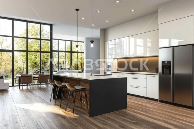 ديكور داخلي راقي لمطبخ أنيق، الفن الهندسي المعماري للفلل والشقق السكنية، استخدام الرخام الفاخر لأثاث المطابخ، الأضواء والأنوار والأكسسوارات المنزلية، التصميم العصري للمطابخ الفاخرة في المملكة العربية السعودية