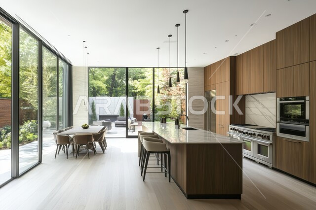 ديكور داخلي راقي لمطبخ أنيق، الفن الهندسي المعماري للفلل والشقق السكنية، استخدام الرخام الفاخر لأثاث المطابخ، الأضواء والأنوار والأكسسوارات المنزلية، التصميم العصري للمطابخ الفاخرة في المملكة العربية السعودية