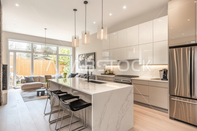 ديكور داخلي راقي لمطبخ أنيق، الفن الهندسي المعماري للفلل والشقق السكنية، استخدام الرخام الفاخر لأثاث المطابخ، الأضواء والأنوار والأكسسوارات المنزلية، التصميم العصري للمطابخ الفاخرة في المملكة العربية السعودية