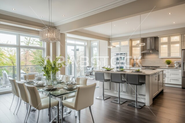  الفن الهندسي المعماري للفلل والشقق السكنية، ديكور داخلي راقي لمطبخ أنيق، استخدام الرخام الفاخر لأثاث المطابخ، الأضواء والأنوار والأكسسوارات المنزلية، التصميم العصري للمطابخ الفاخرة في المملكة العربية السعودية