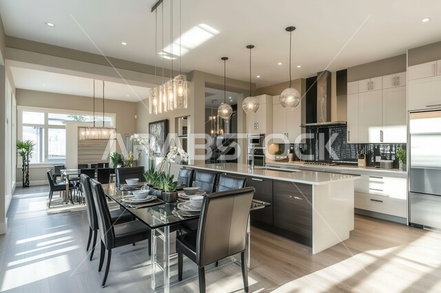  الفن الهندسي المعماري للفلل والشقق السكنية، ديكور داخلي راقي لمطبخ أنيق، استخدام الرخام الفاخر لأثاث المطابخ، الأضواء والأنوار والأكسسوارات المنزلية، التصميم العصري للمطابخ الفاخرة في المملكة العربية السعودية