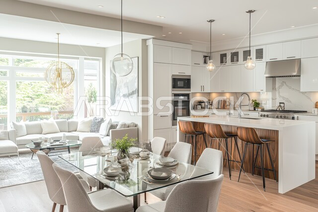  الفن الهندسي المعماري للفلل والشقق السكنية، ديكور داخلي راقي لمطبخ أنيق، استخدام الرخام الفاخر لأثاث المطابخ، الأضواء والأنوار والأكسسوارات المنزلية، التصميم العصري للمطابخ الفاخرة في المملكة العربية السعودية