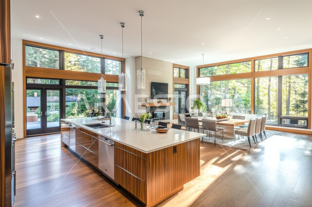  الفن الهندسي المعماري للفلل والشقق السكنية، ديكور داخلي راقي لمطبخ أنيق، استخدام الرخام الفاخر لأثاث المطابخ، الأضواء والأنوار والأكسسوارات المنزلية، التصميم العصري للمطابخ الفاخرة في المملكة العربية السعودية