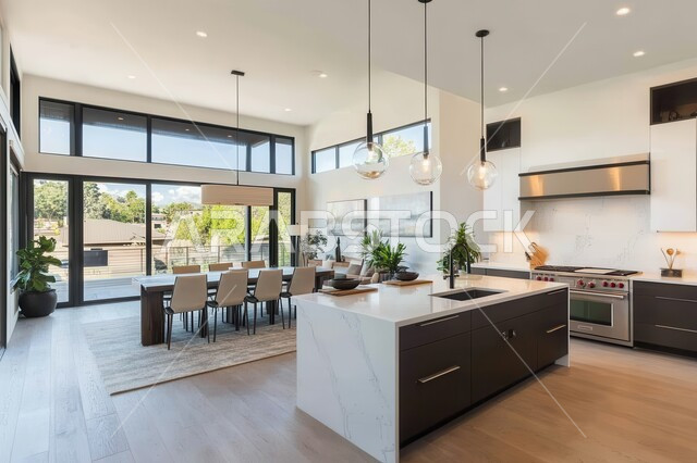 Architectural engineering art for villas and residential apartments, high-end interior design for elegant kitchen, use of luxury marble for kitchen furniture, lights and home accessories, modern design for luxury kitchens in Saudi Arabia