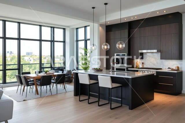 Architectural engineering art for villas and residential apartments, high-end interior design for elegant kitchen, use of luxury marble for kitchen furniture, lights and home accessories, modern design for luxury kitchens in Saudi Arabia