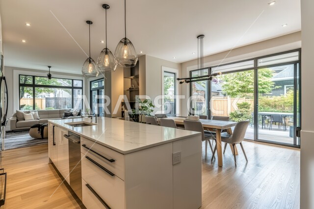  الفن الهندسي المعماري للفلل والشقق السكنية، ديكور داخلي راقي لمطبخ أنيق، استخدام الرخام الفاخر لأثاث المطابخ، الأضواء والأنوار والأكسسوارات المنزلية، التصميم العصري للمطابخ الفاخرة في المملكة العربية السعودية