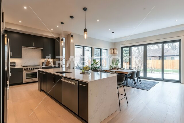 Architectural engineering art for villas and residential apartments, high-end interior design for elegant kitchen, use of luxury marble for kitchen furniture, lights and home accessories, modern design for luxury kitchens in Saudi Arabia