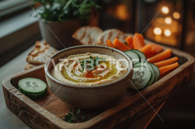 المقبلات النباتية الباردة اللذيذة، صورة مقربة لطبق من الحمص الكريمي اللذيذ المزين بزيت الزيتون والفلفل الحلو والحمص ، مأكولات وأطباق شعبية تقليدية، وصفات طعام شرقية عربية سعودية، فطور عربي تقليدي