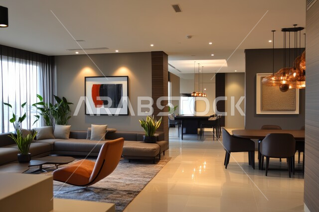 Living room with modern contemporary designs, elegant interior decorations, luxury living room, high-end home furniture, residential apartments and villas, luxury hotels and resorts