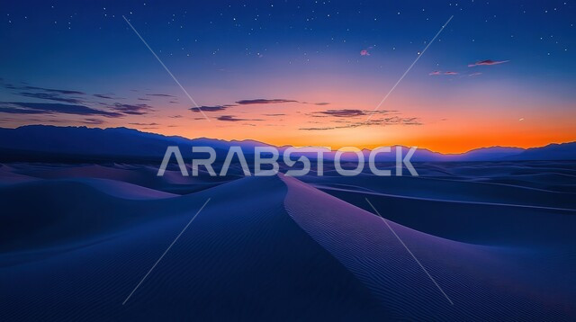 مناطق البادية والبيئة الصحراوية، الرمال الذهبية الناعمة المتموجة والكثبان في صحراء المملكة العربية السعودية, الهضاب والتلال الرملية الطبيعية وسط الصحراء