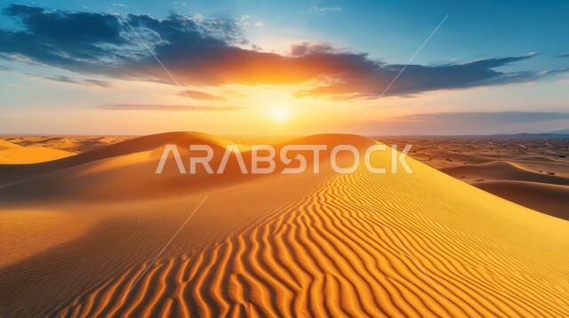 مناطق البادية والبيئة الصحراوية، الرمال الذهبية الناعمة المتموجة والكثبان في صحراء المملكة العربية السعودية, الهضاب والتلال الرملية الطبيعية وسط الصحراء