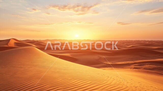 Badia areas and desert environment, soft golden undulating sands and dunes in the desert of Saudi Arabia, natural sand plateaus and hills in the middle of the desert