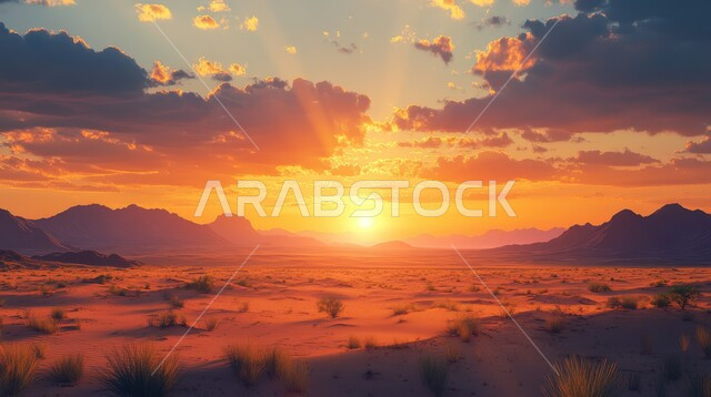 مناطق البادية والبيئة الصحراوية، الرمال الذهبية الناعمة المتموجة والكثبان في صحراء المملكة العربية السعودية, الهضاب والتلال الرملية الطبيعية وسط الصحراء