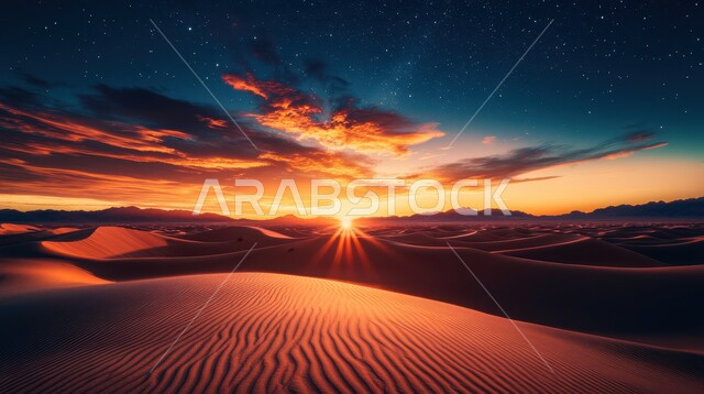 مناطق البادية والبيئة الصحراوية، الرمال الذهبية الناعمة المتموجة والكثبان في صحراء المملكة العربية السعودية, الهضاب والتلال الرملية الطبيعية وسط الصحراء