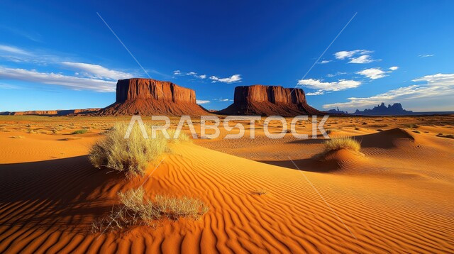 مناطق البادية والبيئة الصحراوية، الرمال الذهبية الناعمة المتموجة والكثبان في صحراء المملكة العربية السعودية, الهضاب والتلال الرملية الطبيعية وسط الصحراء